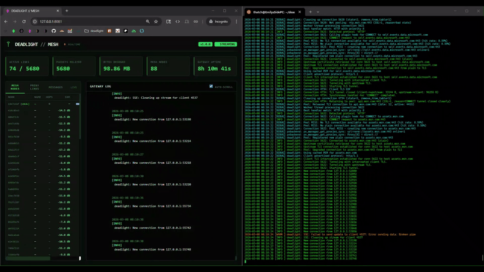 deadmesh gateway dashboard showing live node activity